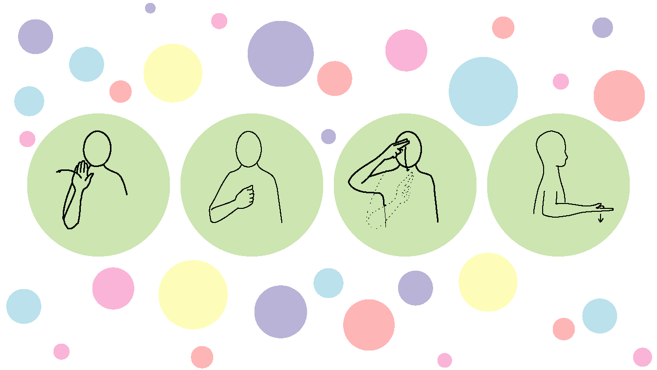 An outline of four different people in circles, performing sign language.