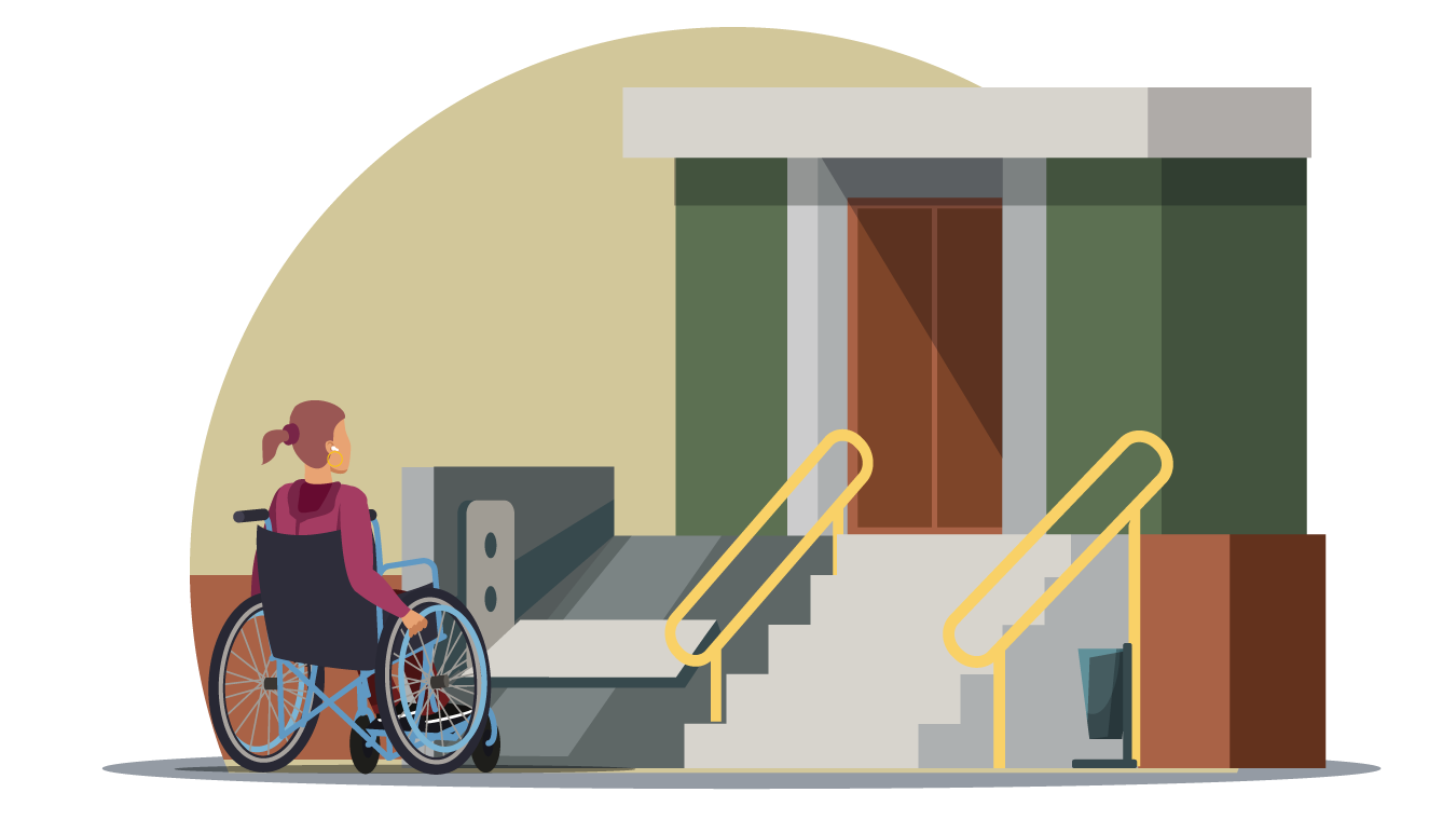 A person in a wheelchair in front of a set of stairs, a door and a assisted ramp.
